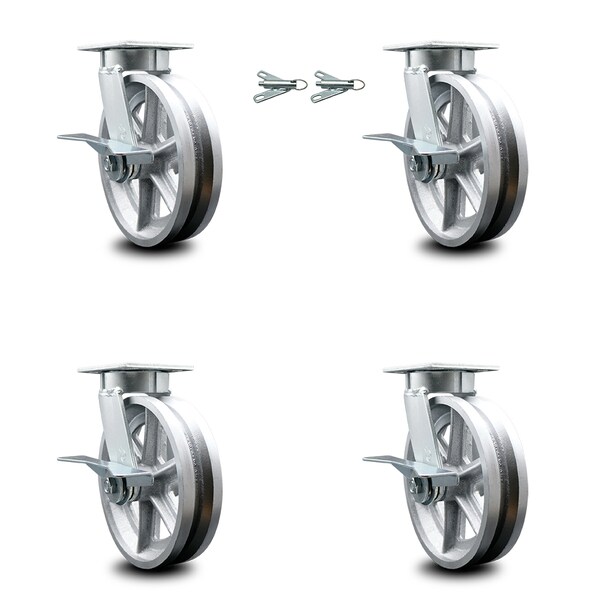 Service Caster 8 Inch Kingpinless V Groove Semi Steel Wheel Caster Brakes 2 Swivel Locks, 4PK SCC-KP30S820-VGR-SLB-BSL-2-SLB-2 - main